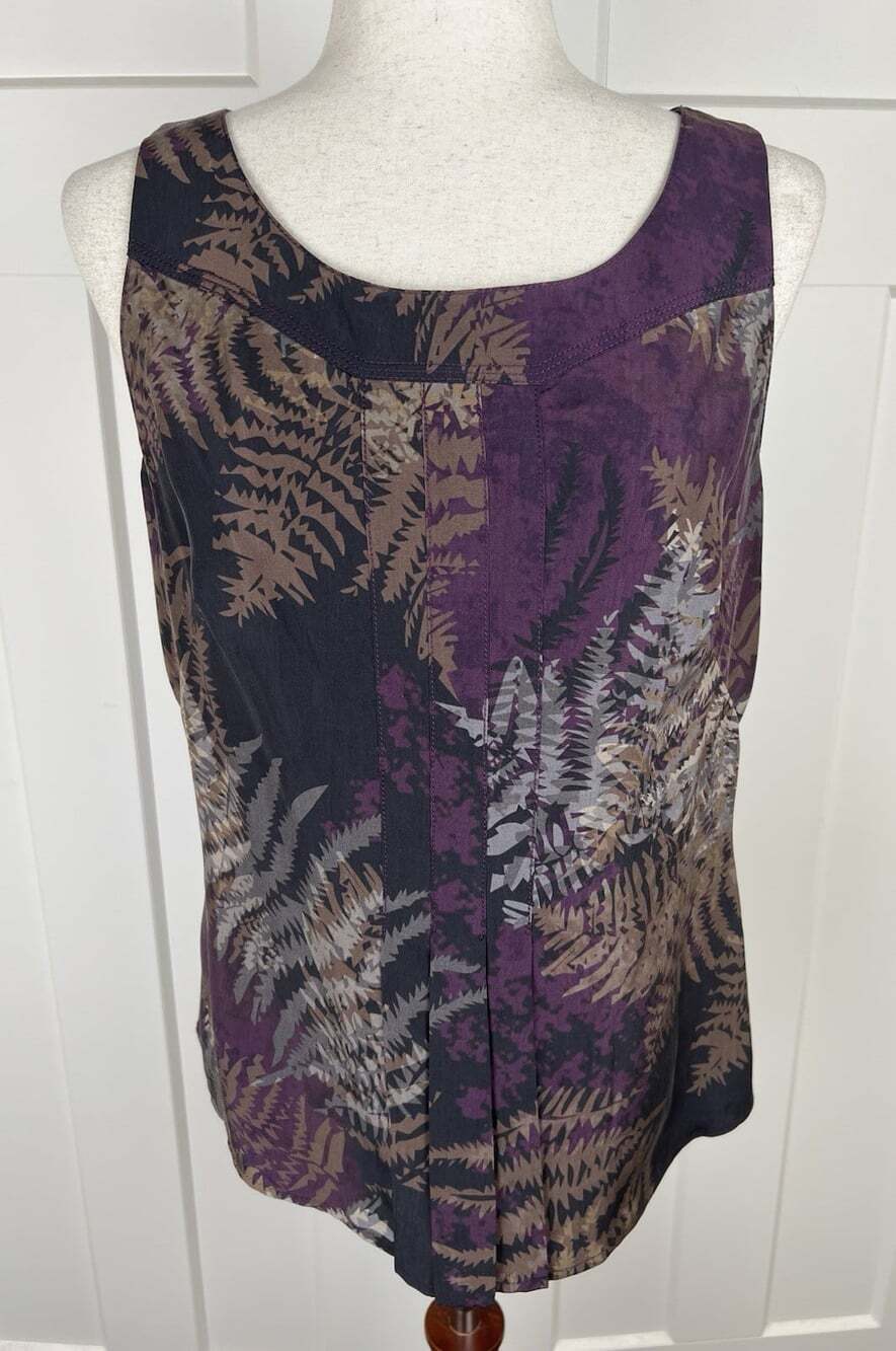 Hilton Hollis 100% Silk Blouse Sz 6 Purple Brown Italian Fabric Fern Print